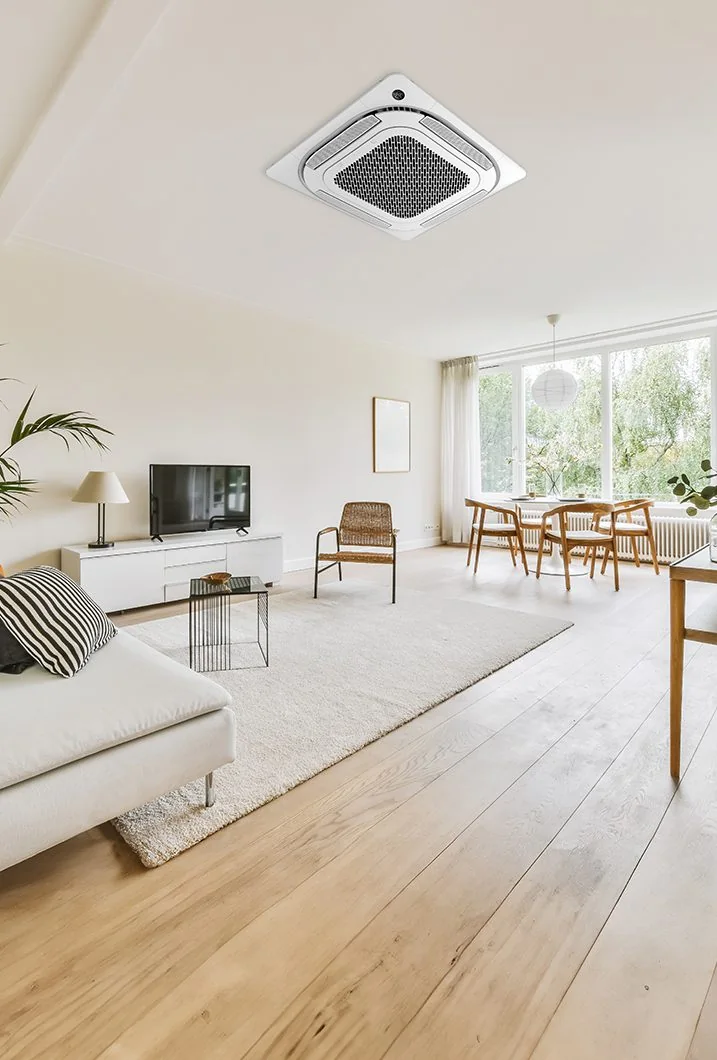 Midea ceiling cassette ductless head in a bright living room