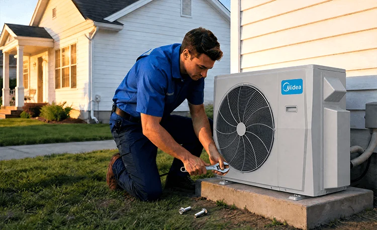 Installer servicing a Midea outdoor heat pump beside a house